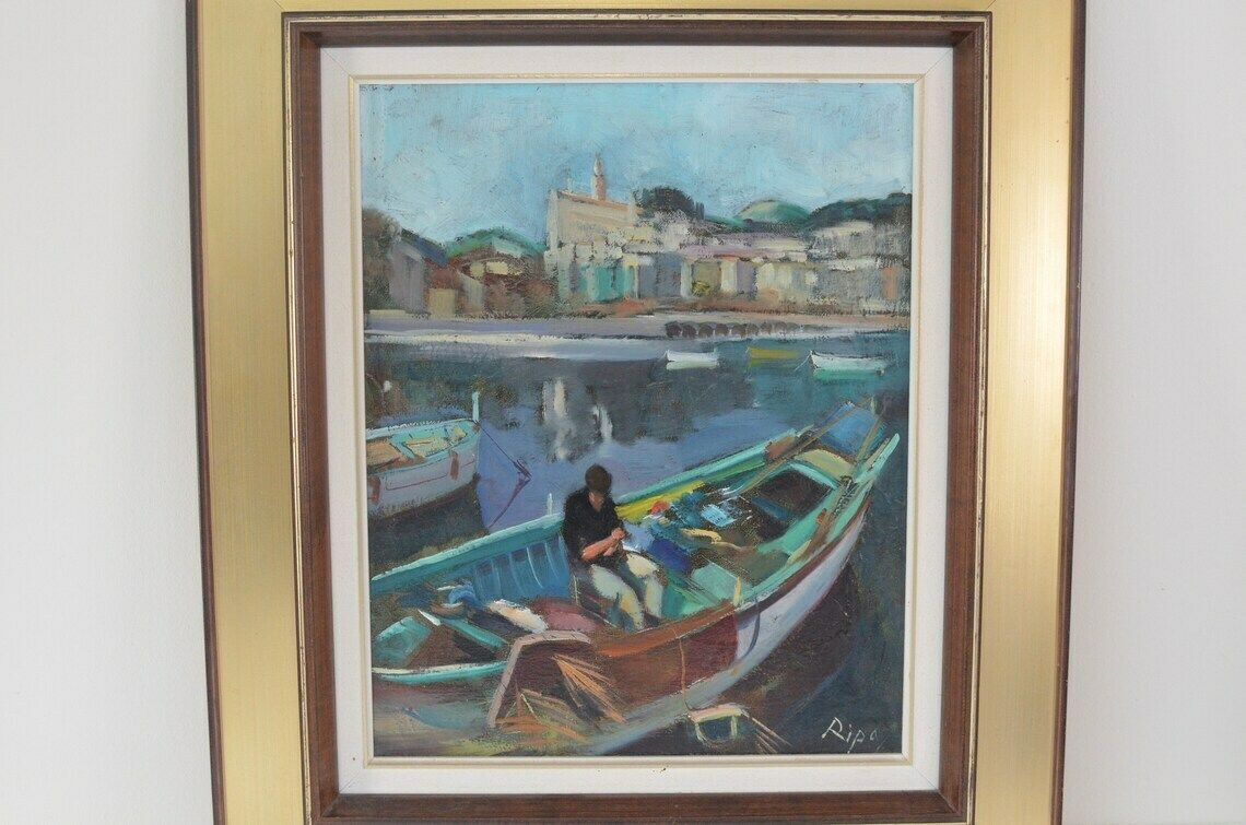 Vintage Swedish Midcentury Semi Abstract Harbour Scene Oil Painting By Hans Ripa, 1970s