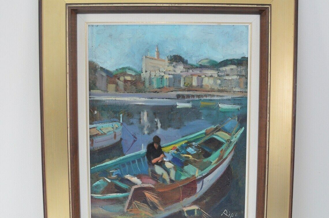 Vintage Swedish Midcentury Semi Abstract Harbour Scene Oil Painting By Hans Ripa, 1970s photo for sale