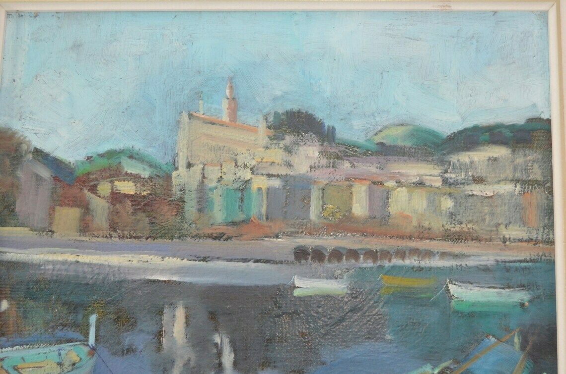 Vintage Swedish Midcentury Semi Abstract Harbour Scene Oil Painting By Hans Ripa, 1970s photo buy