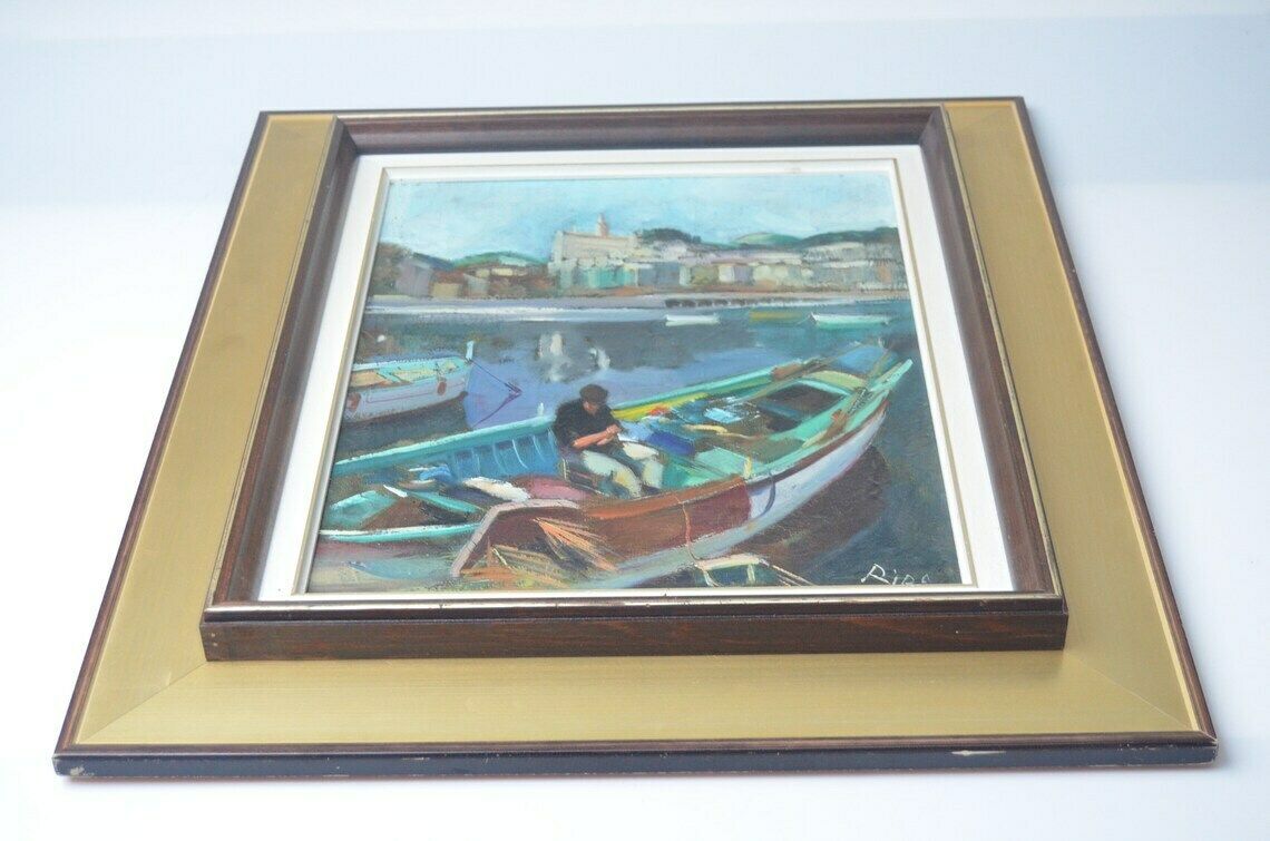 photo furniture Vintage Swedish Midcentury Semi Abstract Harbour Scene Oil Painting By Hans Ripa, 1970s