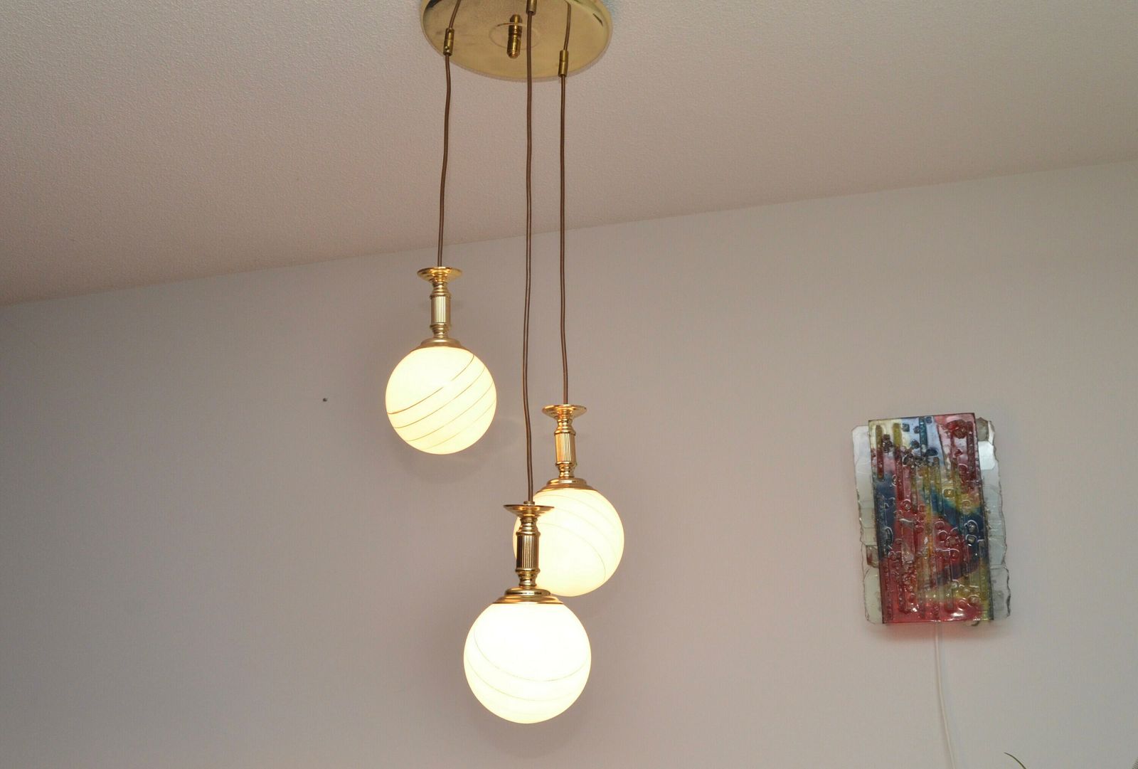 Midcentury Hanging Cascade Hanging Lamp By Massive Belgium With Gold Stripes, 1980s photo Lighting