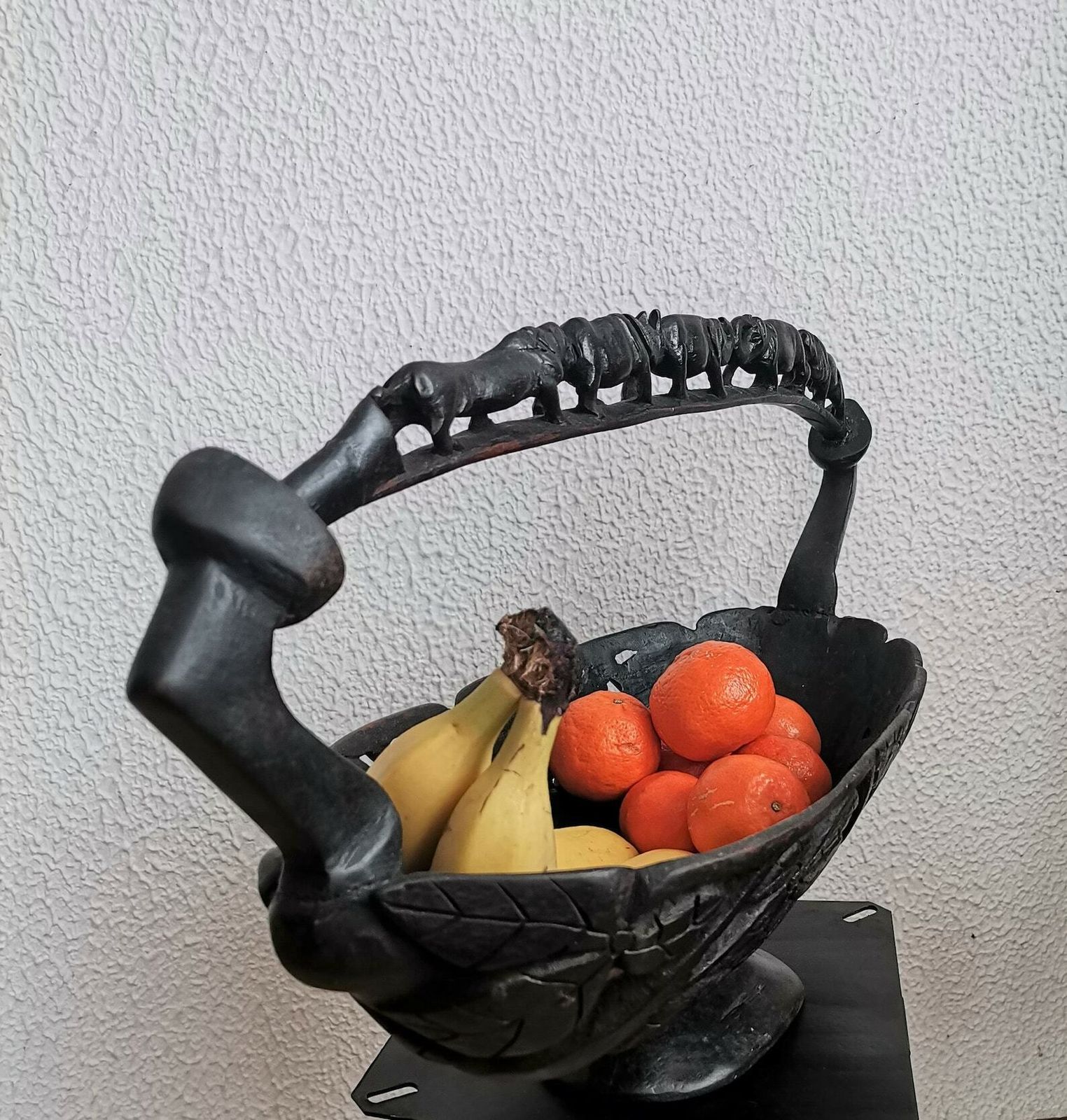Authentic African Wooden Basket / Hand Carved Animal Motif / Elephant Lion Rhino Carvings / Fruit Bowl / Decoration / 20th Century photo Home Decor
