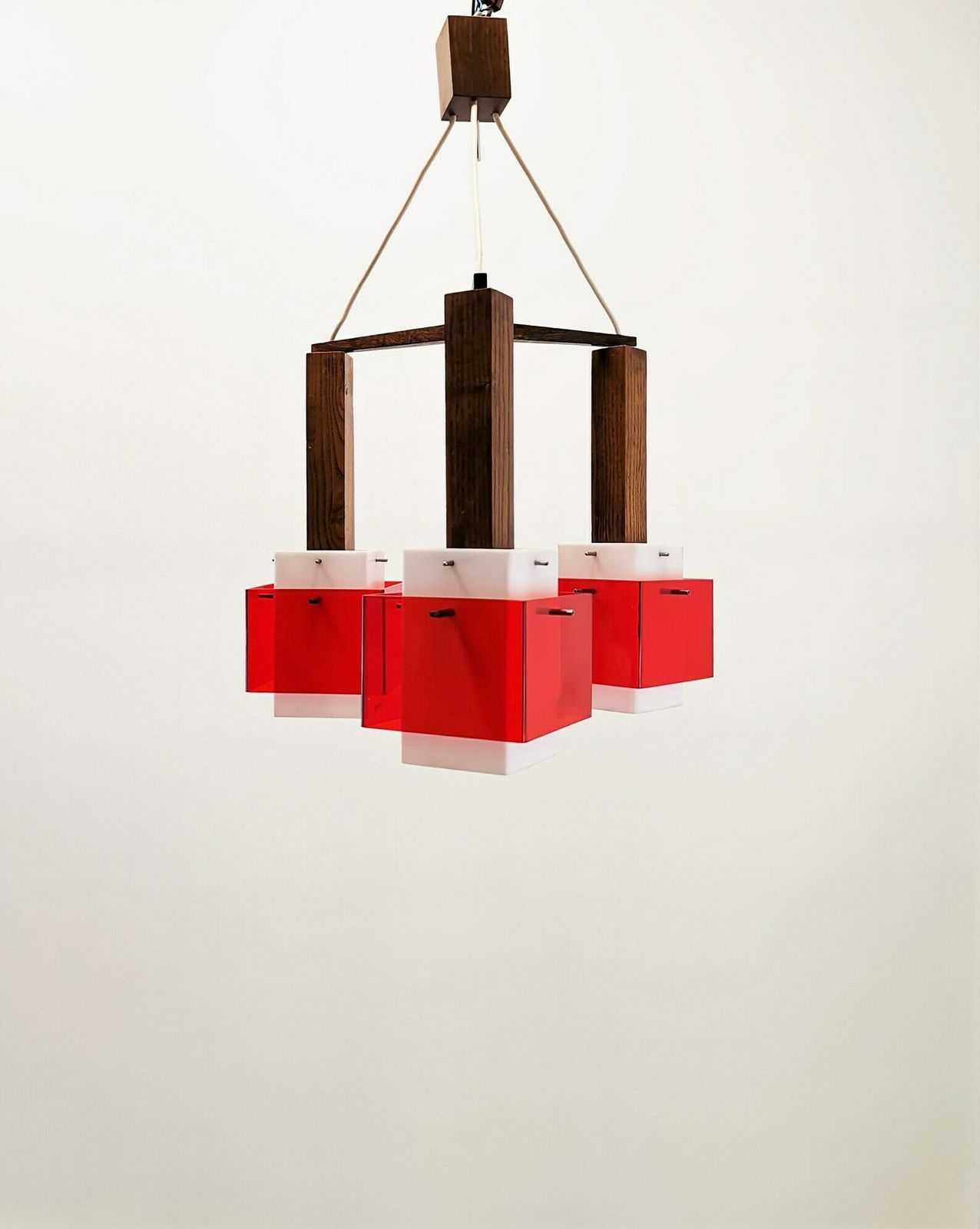Harvey Guzzini 3 Cube Pendant Light / Midcentury Meblo Yugoslavia / Plexiglas, Wood And Metal Chandelier / Space Age Geometric Hanging Light