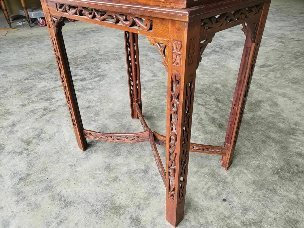 Antique Repro Carved Hall Side End Table Square Legs Fretwork Stretcher photo furniture