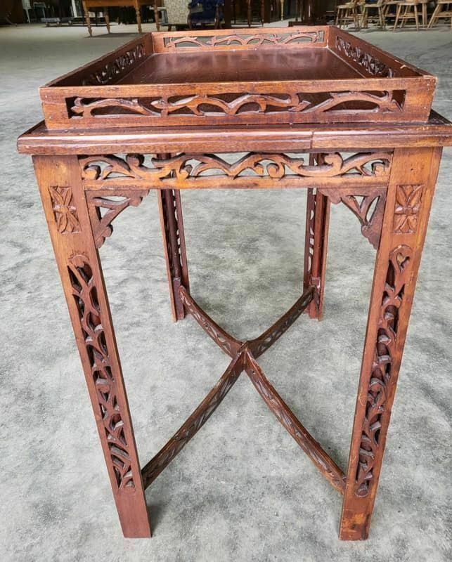 Antique Repro Carved Hall Side End Table Square Legs Fretwork Stretcher photo Furniture