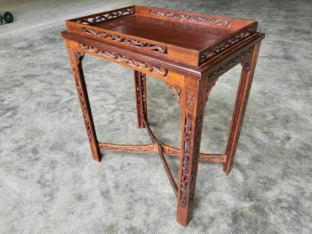 Antique Repro Carved Hall Side End Table Square Legs Fretwork Stretcher photo vintage
