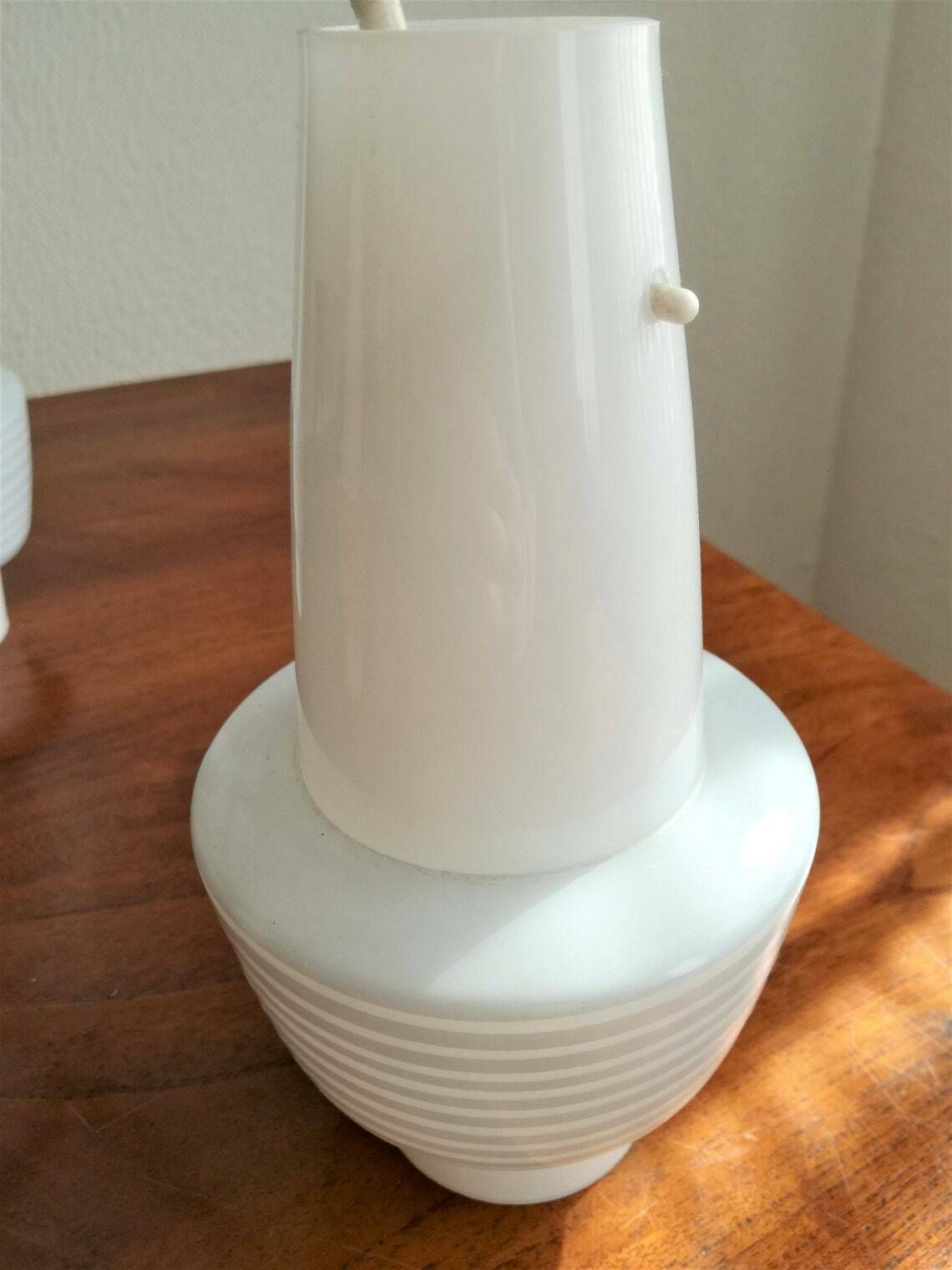 Vintage Mid Century Pendant Light / Opaline Glass Cylinders And Wooden Triangle / 60s Home Decor photo Lighting