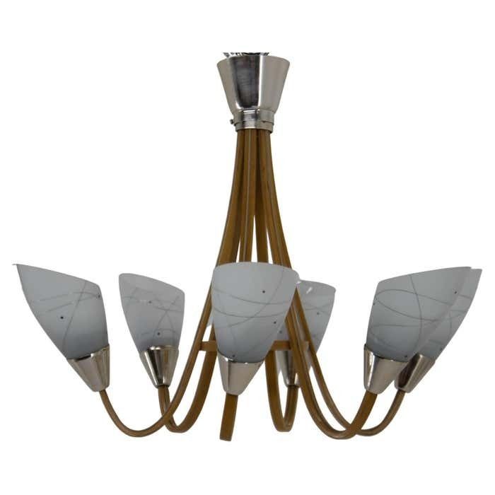 Midcentury Wood & Glass Chandelier By Dřevo Humpolec, 1960s
