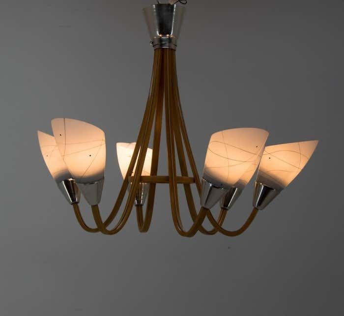 Midcentury Wood & Glass Chandelier By Dřevo Humpolec, 1960s photo furniture