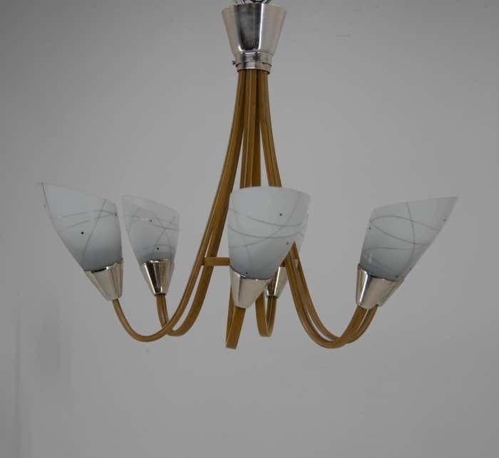 Midcentury Wood & Glass Chandelier By Dřevo Humpolec, 1960s photo 544.0