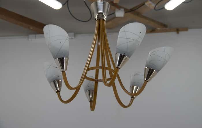 photo furniture Midcentury Wood & Glass Chandelier By Dřevo Humpolec, 1960s