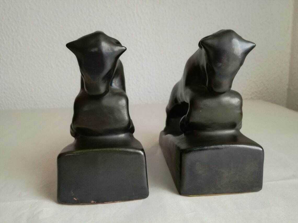 Paar Stieren Boekensteunen / Vintage Geglazuurd Keramisch Dierendecor / Art Deco Stierensculptuur Uit Jaren 1930, Joegoslavië photo 144.0