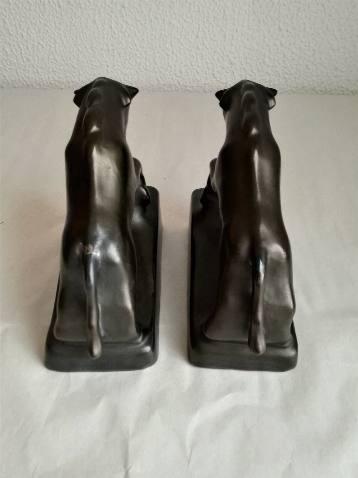 Paar Stieren Boekensteunen / Vintage Geglazuurd Keramisch Dierendecor / Art Deco Stierensculptuur Uit Jaren 1930, Joegoslavië photo vinterior