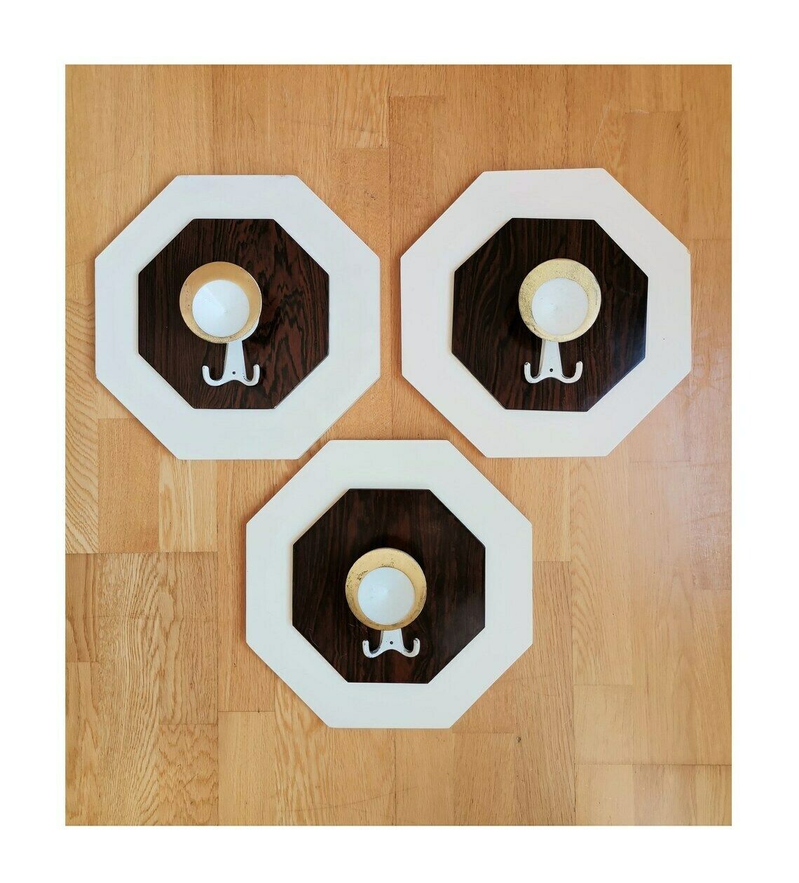 Set Of 3 Wooden Wall Hangers / Vintage Wall Hook On Octagonal Wooden Frame / Coat Rack Or Towel Rack From 80s Yugoslavia