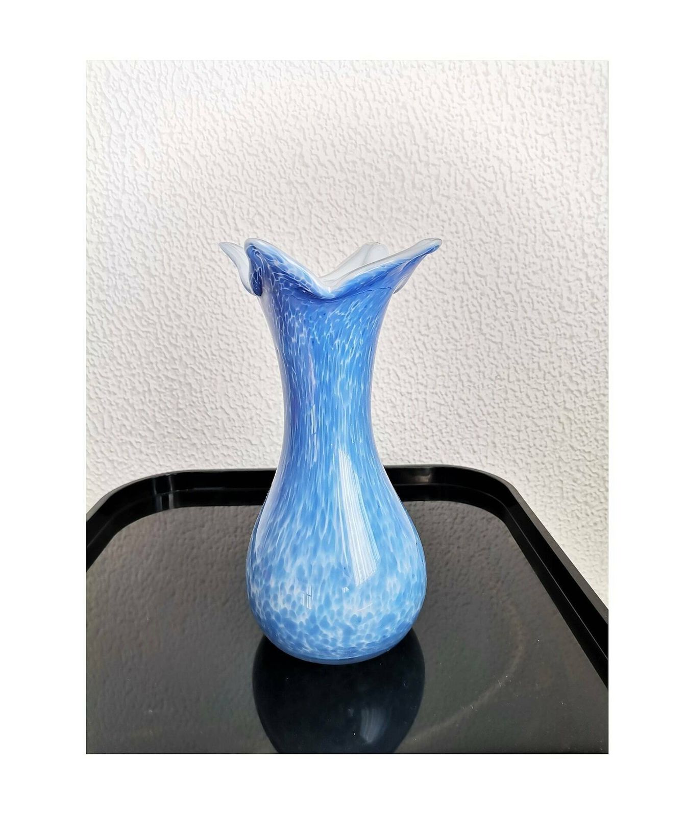 Vintage Mottled Light Blue Vase / Handblown Glass / Flower Petal Top / 80s Yugoslavia