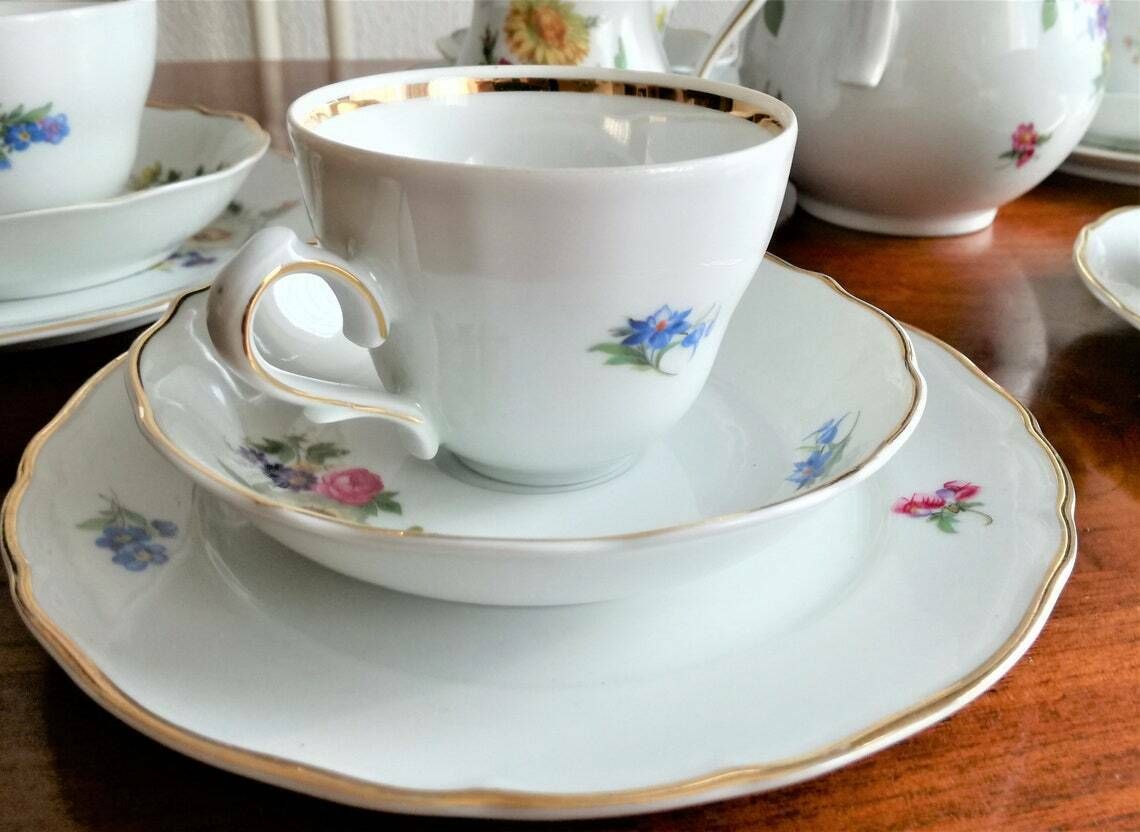 Coffee Or Tea Set  Porcelain With Floral Motif  Tirschenreuth Bavaria  German Porcelain photo furniture