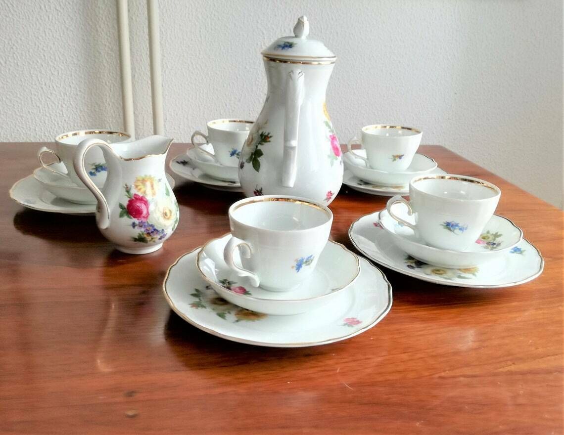 photo for sale Coffee Or Tea Set  Porcelain With Floral Motif  Tirschenreuth Bavaria  German Porcelain