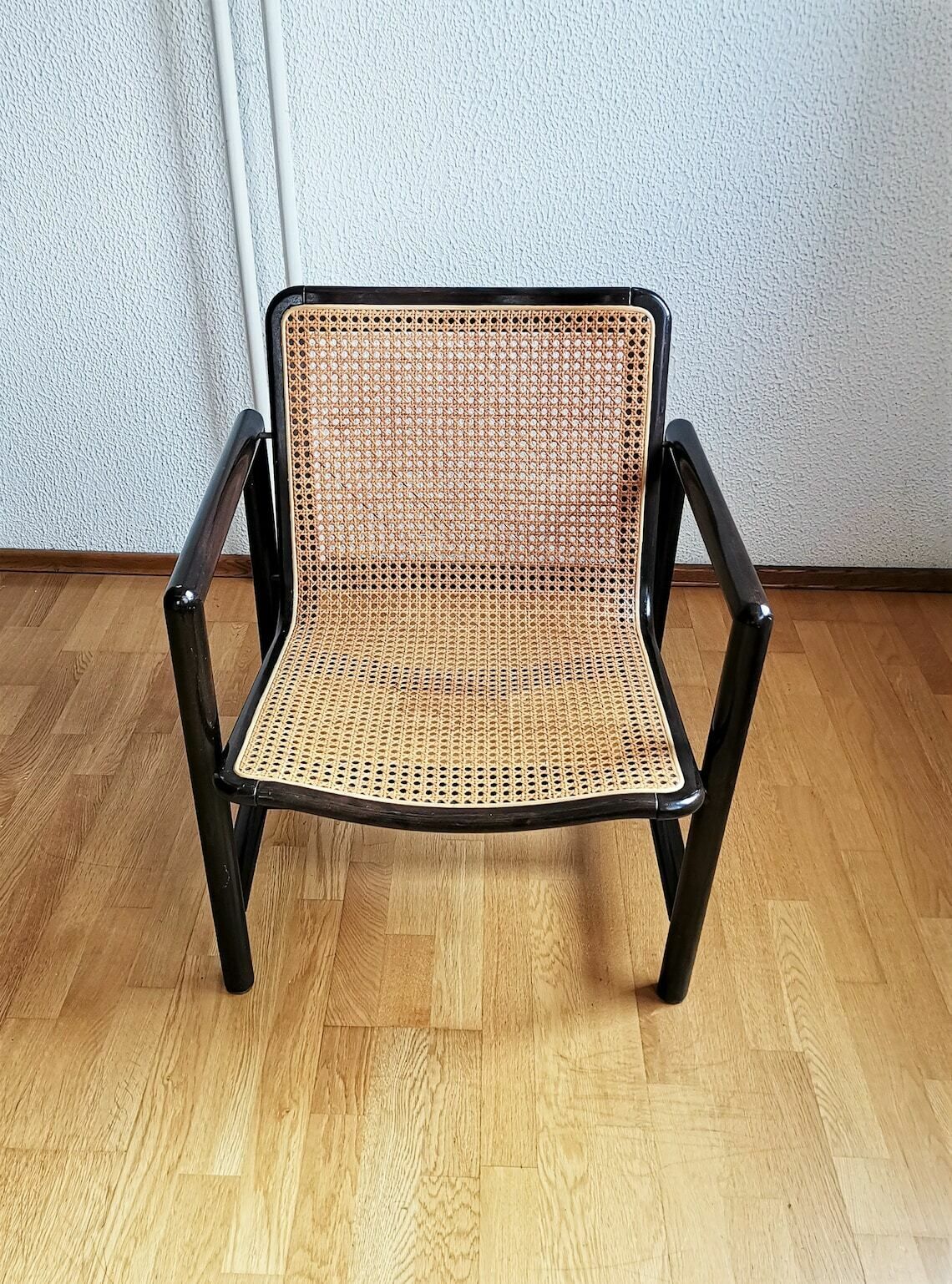 photo for sale Modern Cane Lounge Chair / Branko Uršič For Stol Kamnik / 1980s Yugoslavia Wood And Cane Net Armchair