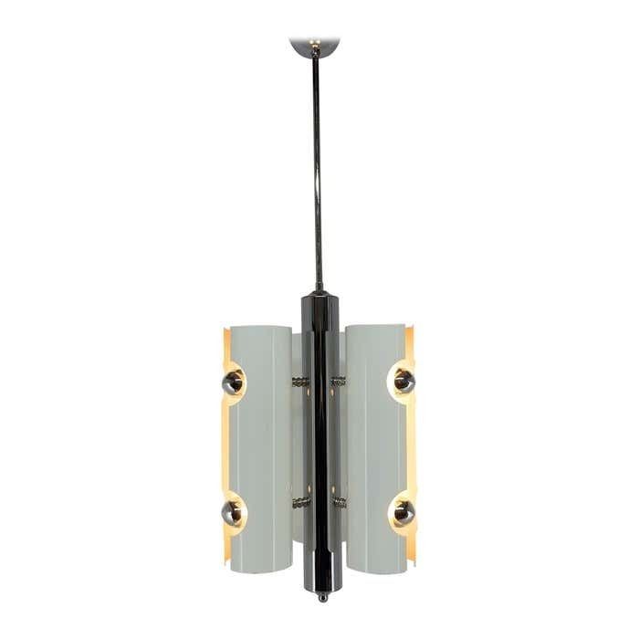 Mid Century Italian Space Age Pendant Light In Chrome And White Lacquered Metal