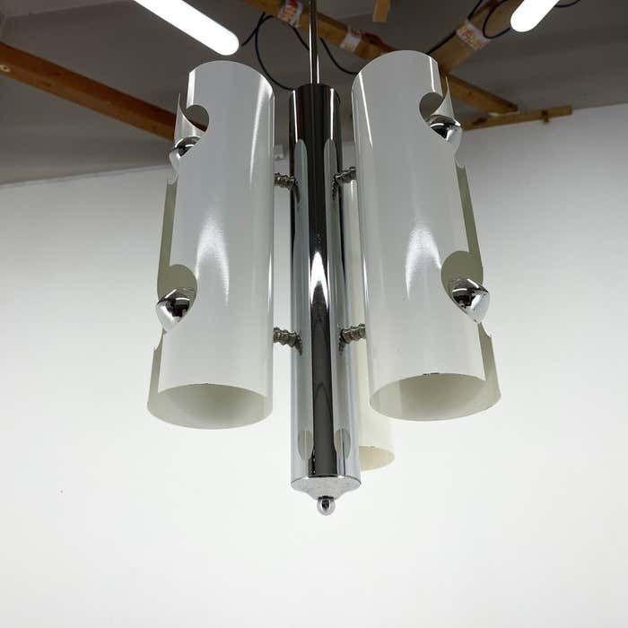 Mid Century Italian Space Age Pendant Light In Chrome And White Lacquered Metal photo 1109.0