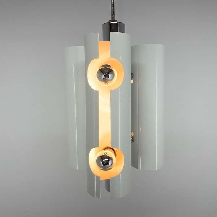 Mid Century Italian Space Age Pendant Light In Chrome And White Lacquered Metal photo vintage