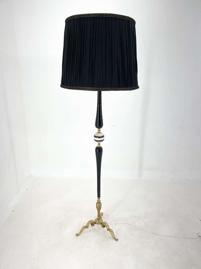 Lighting Mid Century Brass, Onyx & Ebonized Wood Floor Lamp, Italy photo