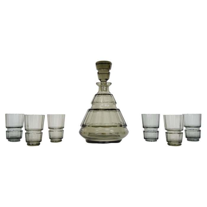Art Deco Glass Carafe With Six Glasses, Bohemia, 1930's
