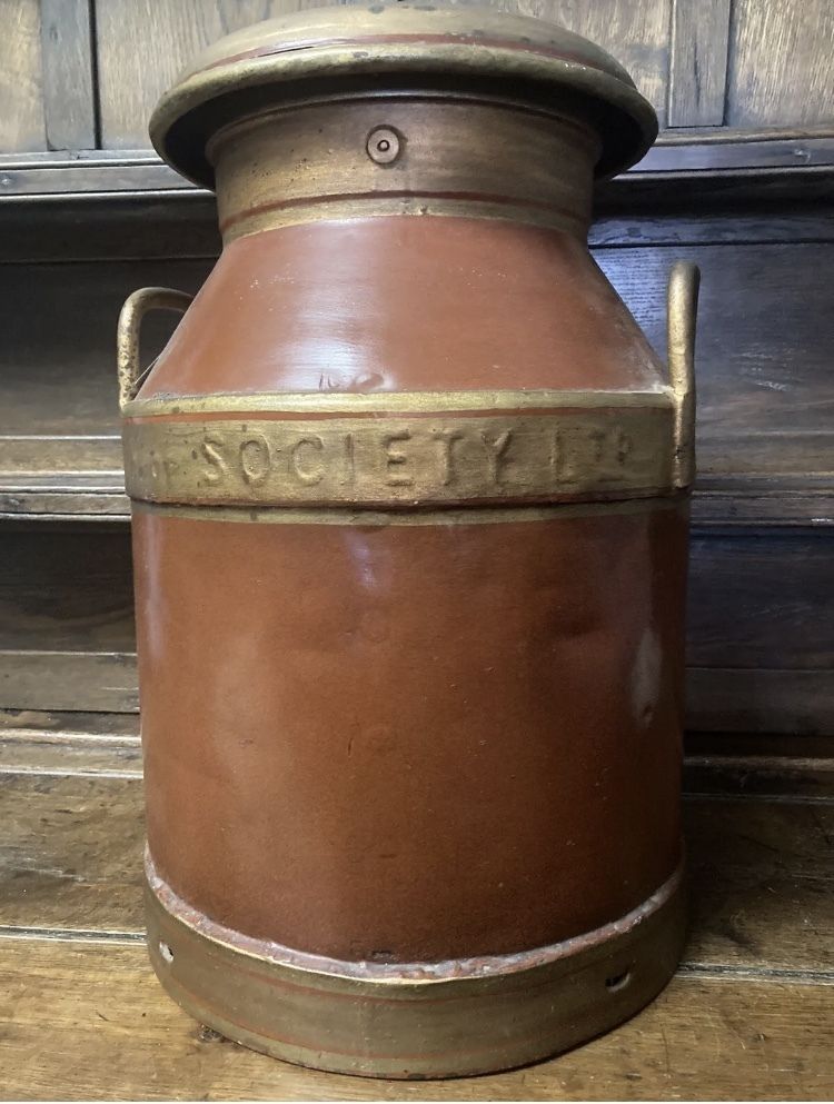 760.0 Antique Painted London Co Op Society Brass Milk Churn photo