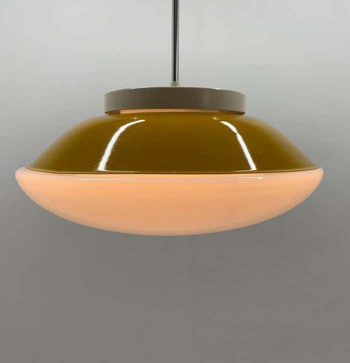 Mid Century Milk Glass & Metal 'Ufo' Pendant Czechoslovakia photo for sale