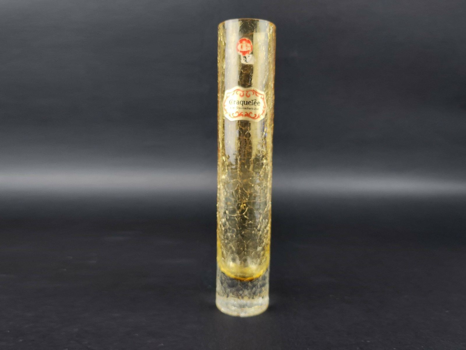 Vintage Ingrid Glas Gele Cilindervase Craquelee Design Duits Aardewerk Ca. Jaren 1960–1970