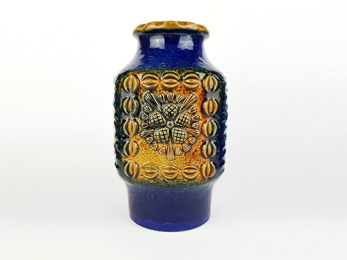 Vintage Dumler Und Breiden Keramik Blue And Ochre Fat Lava Vase Studio Serie 73/25, West German Pottery 1970s