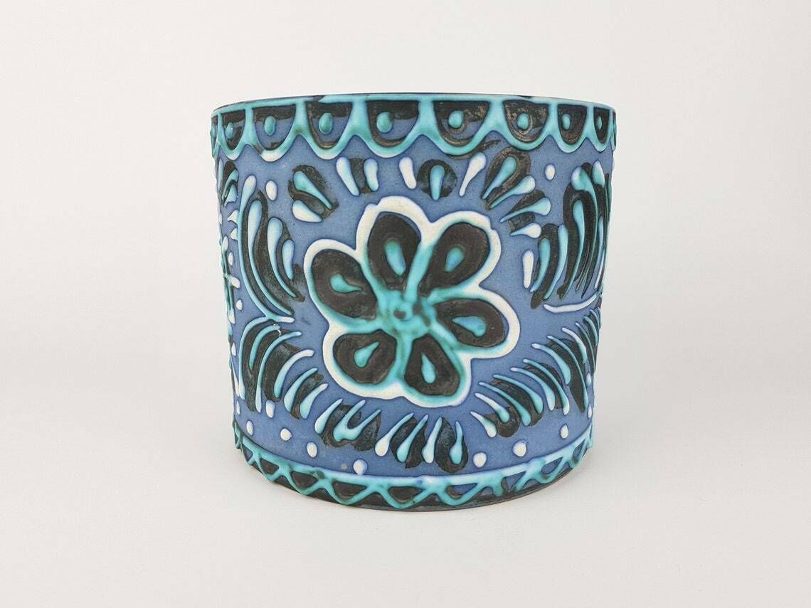 Vintage Marei Keramik Blue Hand Painted Planter Flower Pot West German Pottery 1960s