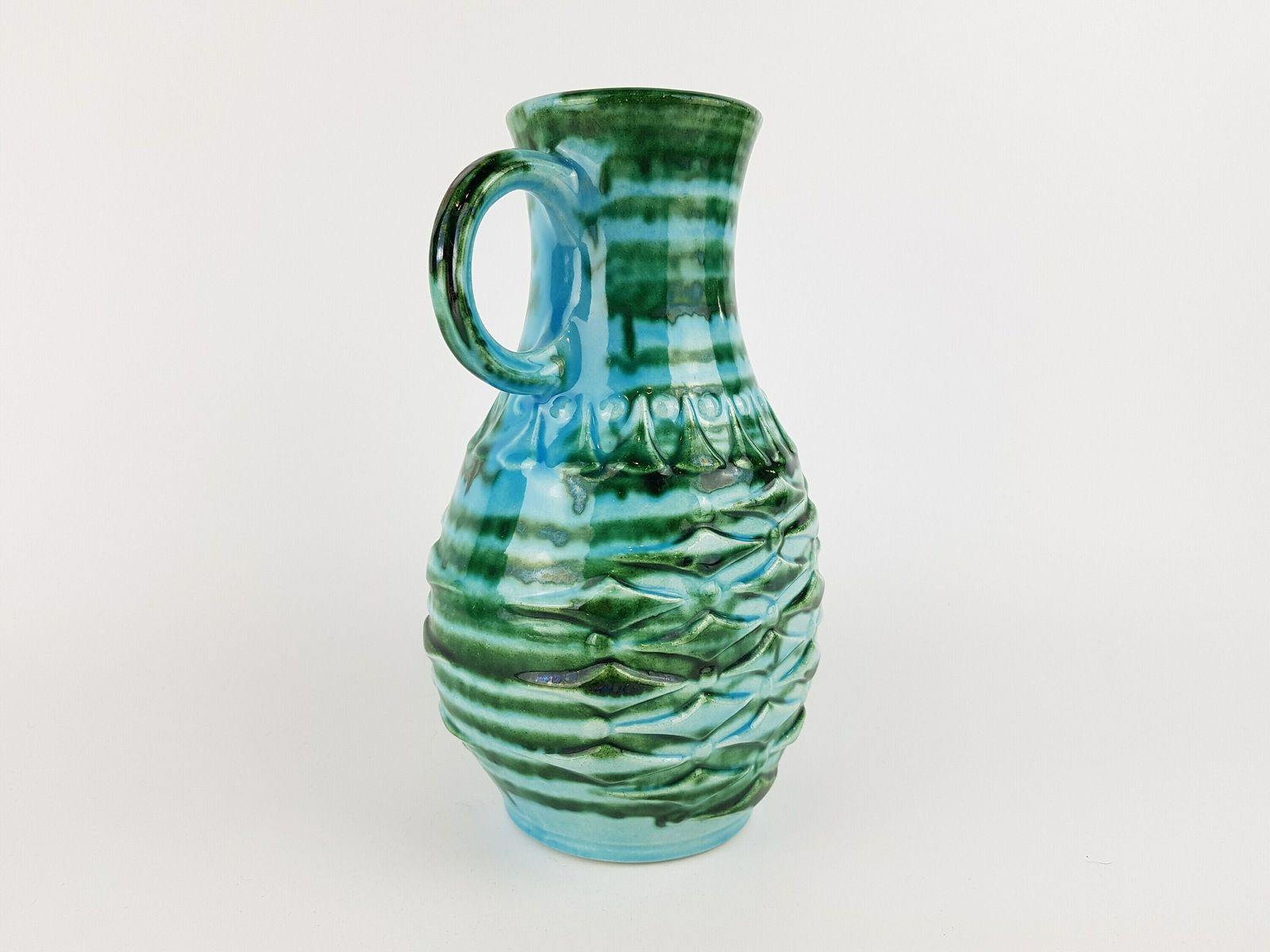Vintage Ubelacker (U Keramik) Groen En Blauw Kan Met Handvat Vaas 1651/20 West German Pottery Jaren 1970 photo Woonaccessoires