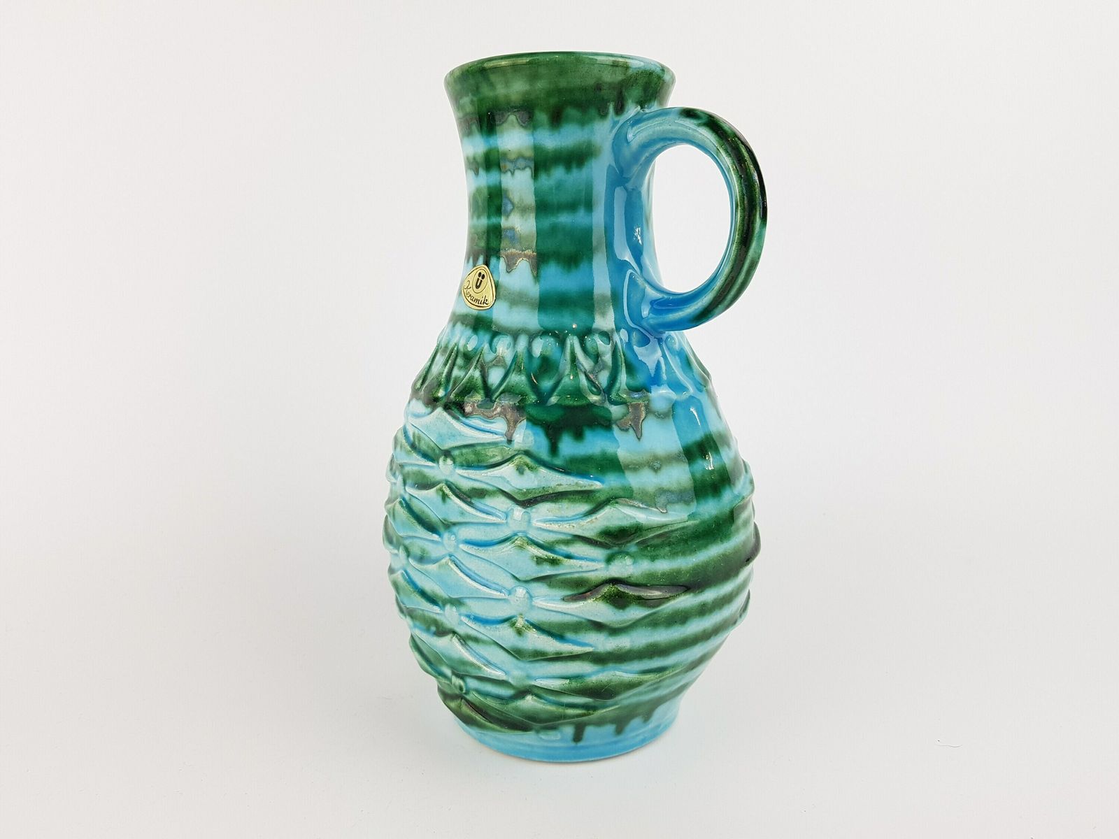 Vintage Ubelacker (U Keramik) Green And Blue Pitcher Handled Vase 1651/20 West German Pottery 1970s photo 64.0