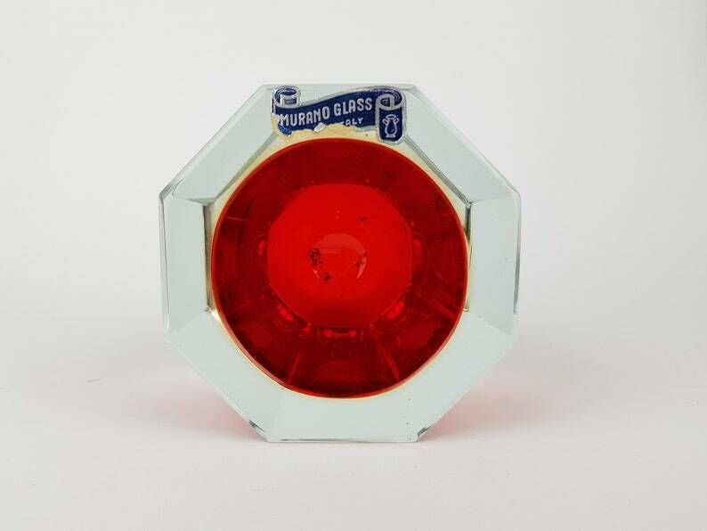 Vintage Murano Sommerso Glazen Schaal/Kandelaar In Rood En Geel Door Alessandro Mandruzzato, Italiaans Kunstglas, Ca. Jaren 1960–1970 photo for sale