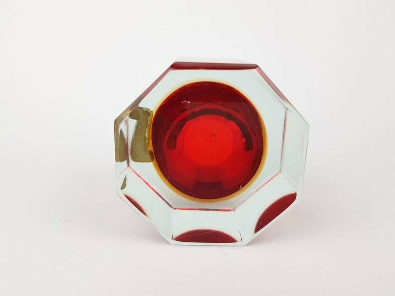 Vintage Murano Sommerso Glazen Schaal/Kandelaar In Rood En Geel Door Alessandro Mandruzzato, Italiaans Kunstglas, Ca. Jaren 1960–1970 photo 128.0