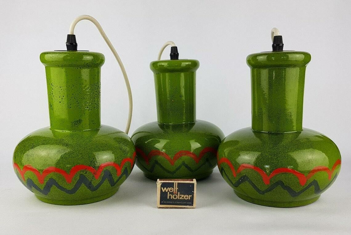 Set Van 3 Groene Vintage West Duitse Keramische Hanglampen, Jaren 1970, Retro photo for sale