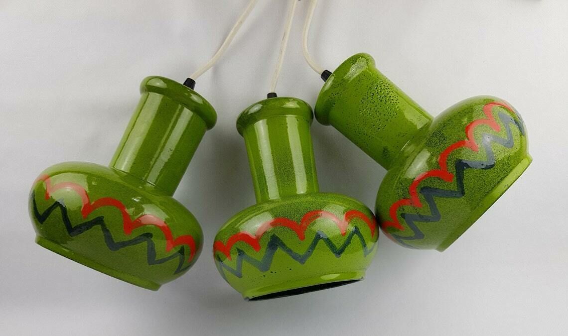Set Van 3 Groene Vintage West Duitse Keramische Hanglampen, Jaren 1970, Retro photo vinterior