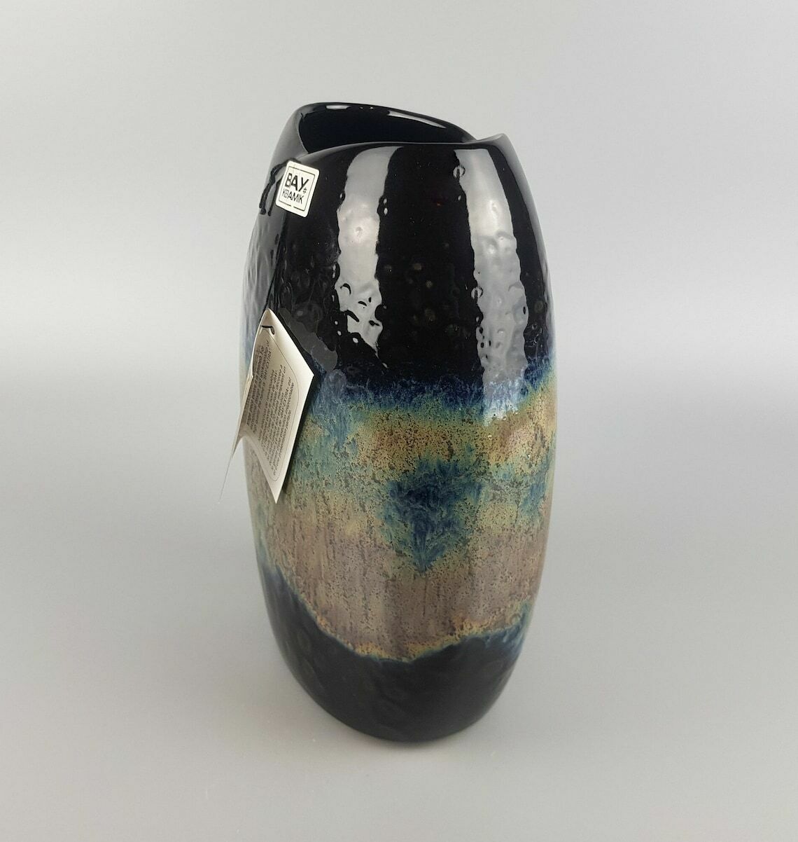 Vintage Bay Extra Black Yellow And Blue Fish Mouth Vase West German Pottery 1980's photo for sale