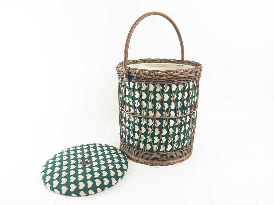 Round Green Wicker Sewing Basket With Heart Motif   Knitting Basket   Yarn Basket   Mid Century Decor photo furniture