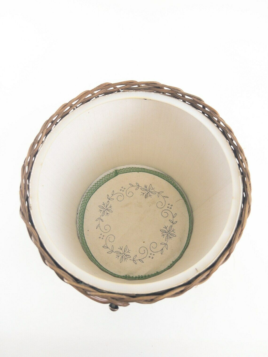 Round Green Wicker Sewing Basket With Heart Motif   Knitting Basket   Yarn Basket   Mid Century Decor photo vintage