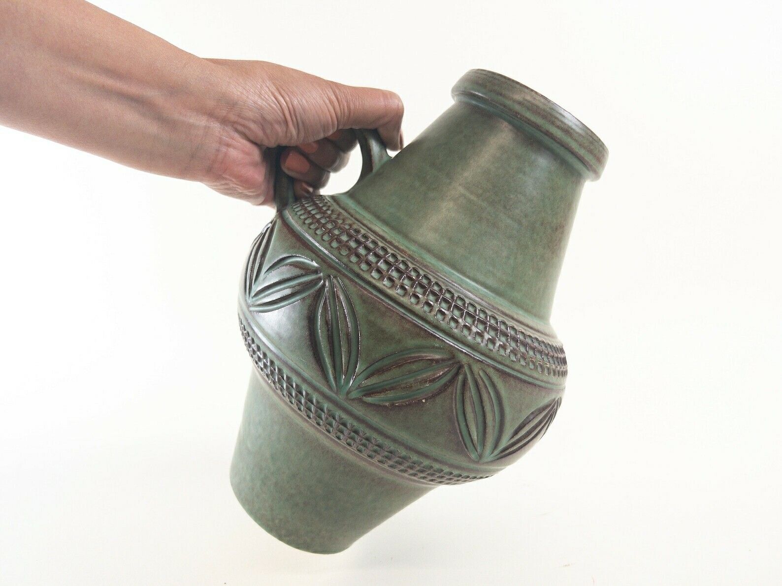West German Pottery   Knödgen Edelkeramik Ilkra Ceramic Vase With Handle   Jade Green Handmade Heavy Vase