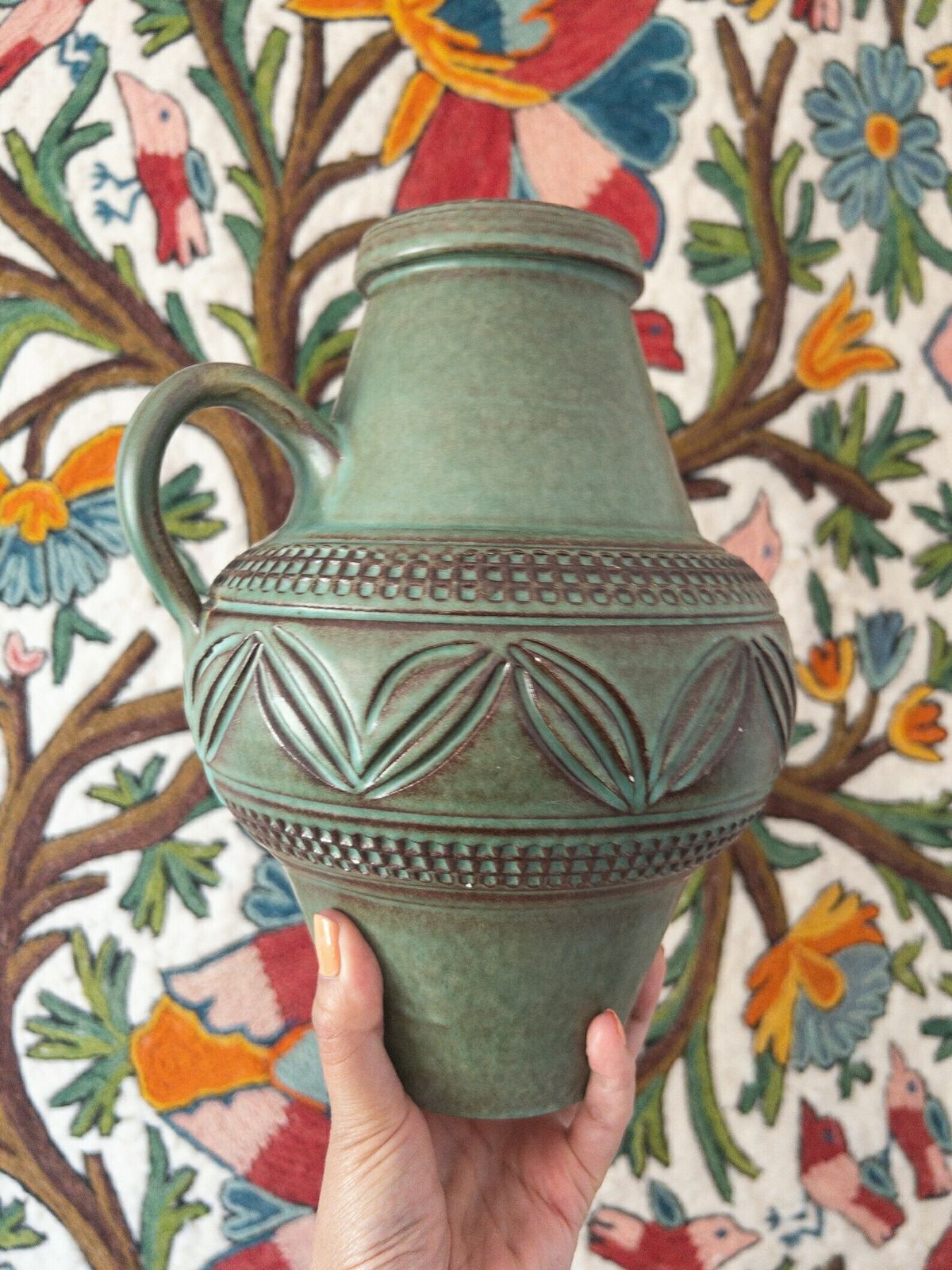 West German Pottery   Knödgen Edelkeramik Ilkra Ceramic Vase With Handle   Jade Green Handmade Heavy Vase photo furniture
