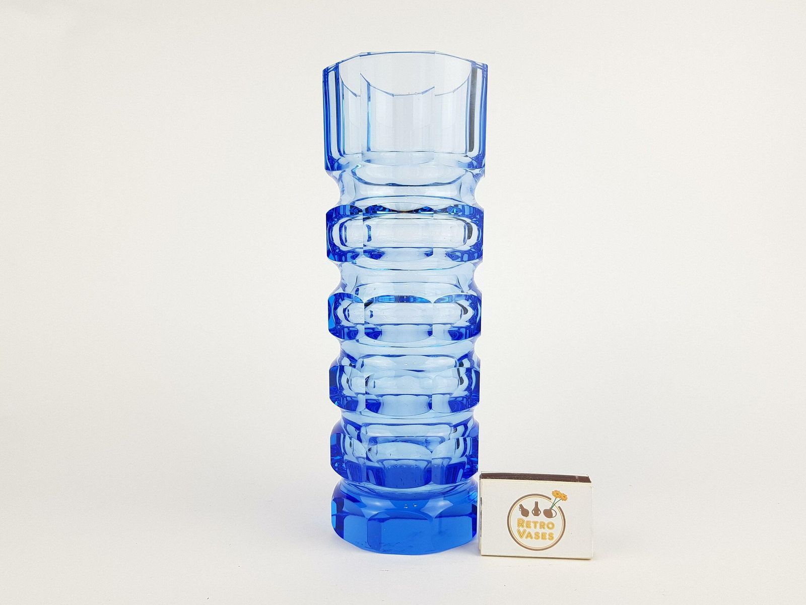 Vintage Stunning Blue Veb Glaswerke Schmiedefeld By Oldrich Lipsky Octagonal Facetted Crystal Glass Exbor Vase 1960s 1970s photo furniture