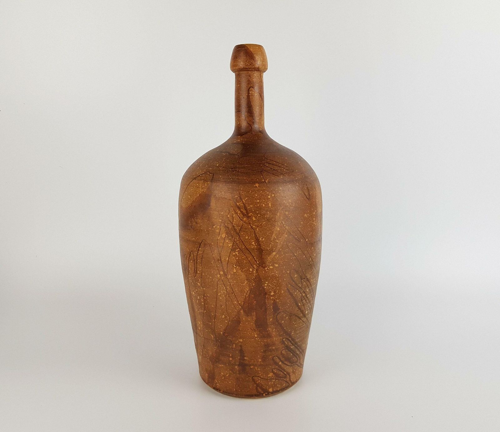 Vintage Gerhard Liebenthron Studio Art Pottery Bruine Vaas Met Lange Hals, West Duitsland, Jaren 1960