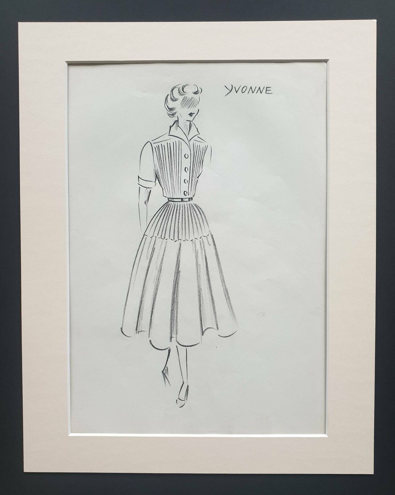 Yvonne   Original 1951 Fashion Design Sketch In Pencil (In Mount)