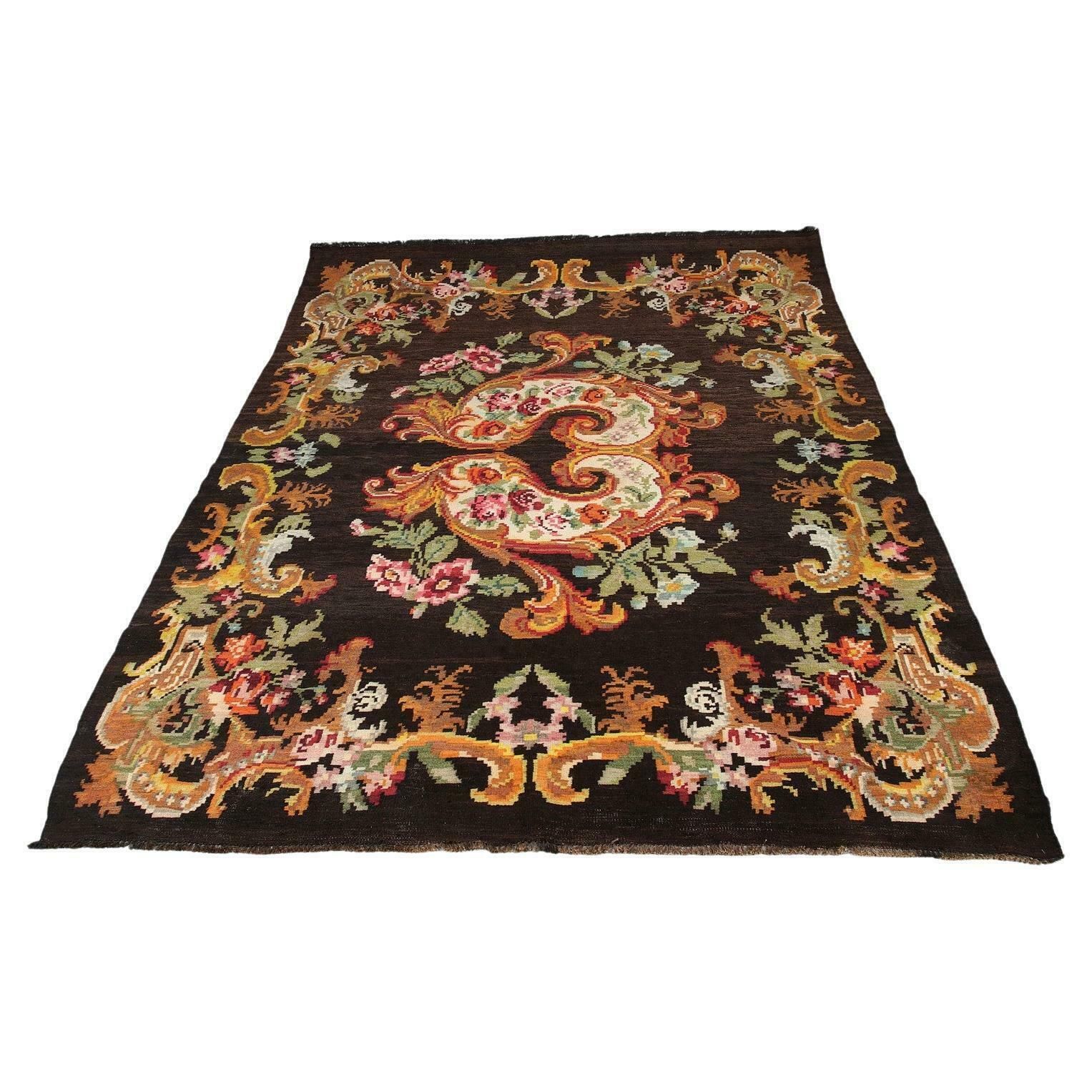 Handmade Kilim Rug Traditional Floral Carpet Livingroom Moldavian Kelim Brown
