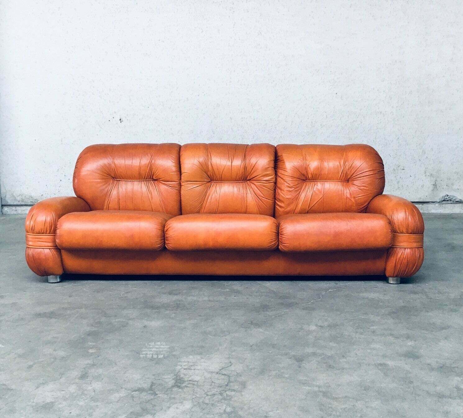 Italiaans Design Leren 3 Zitsbank, Mid Century Modern, Jaren 1970 photo vintage