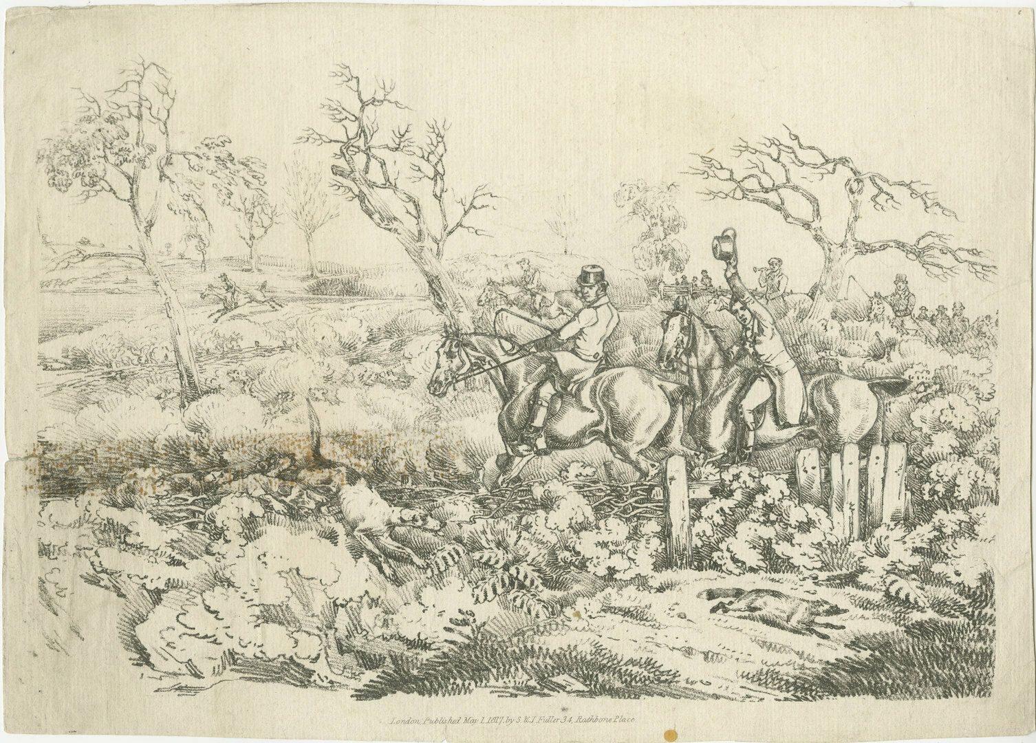 Original Antique Print Of Fox Hunting