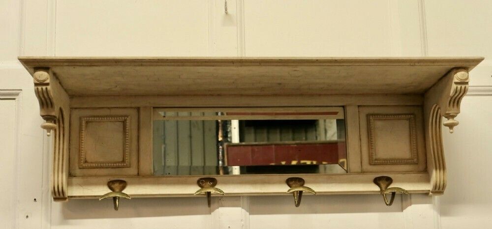 Arts And Crafts French Painted Wall Mirror With Shelf And Coat Hooks photo furniture